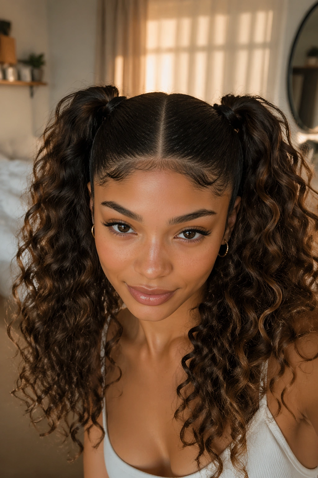 Close-up portrait of a real woman with high double ponytails and a clean center part