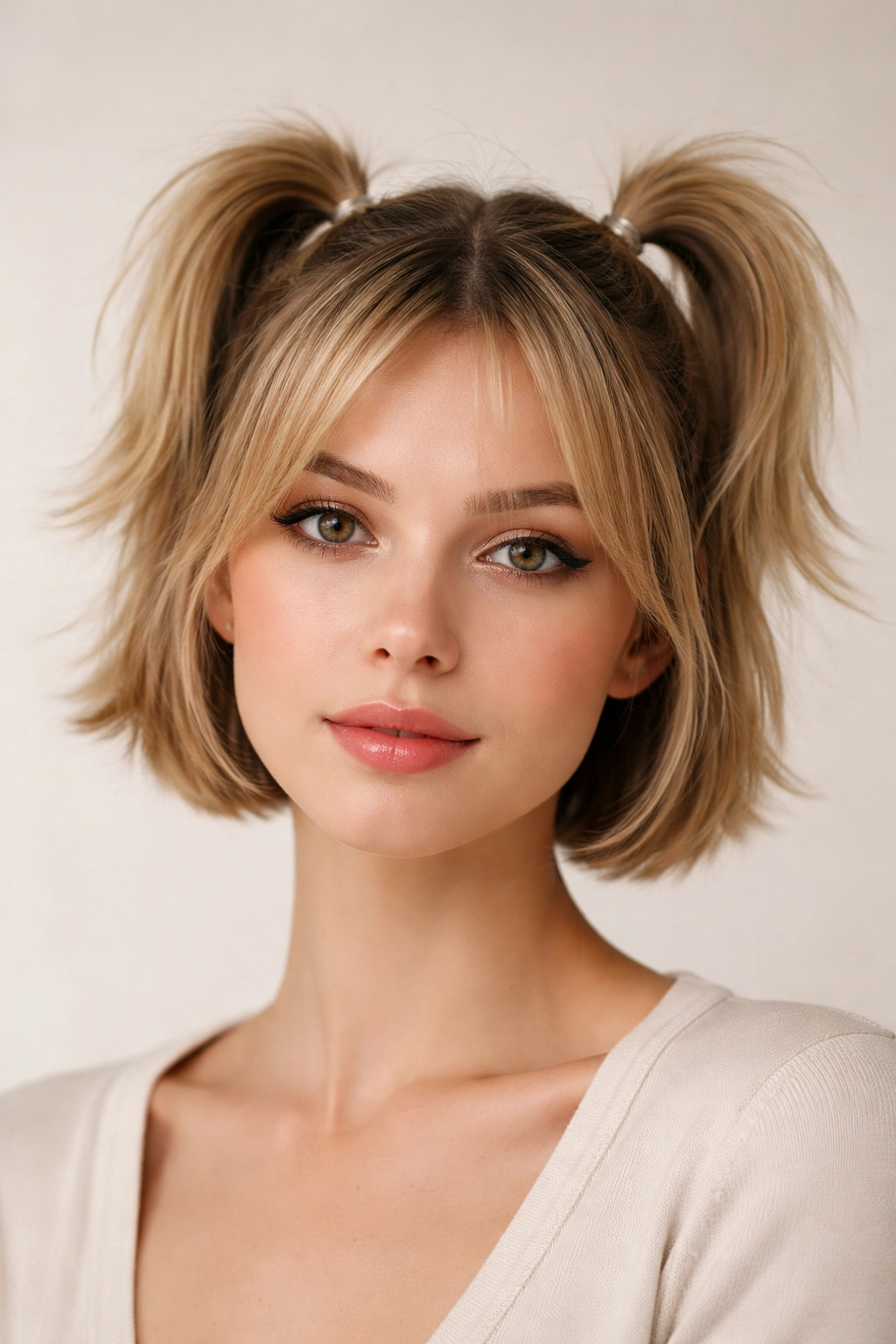 Close-up of tiny high double ponytails on short hair with crown lift