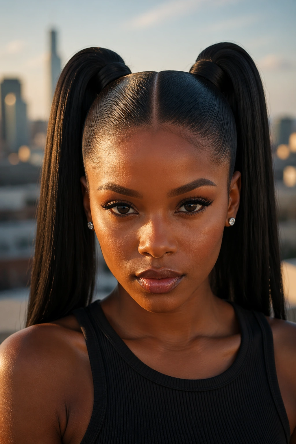 Close-up of a real woman with high sleek double ponytails and a strong part