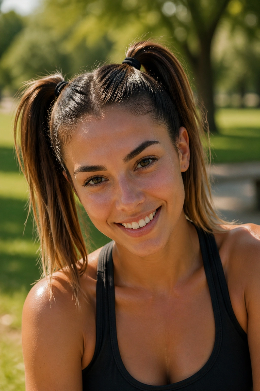 Close-up portrait of a woman with high sporty double ponytails