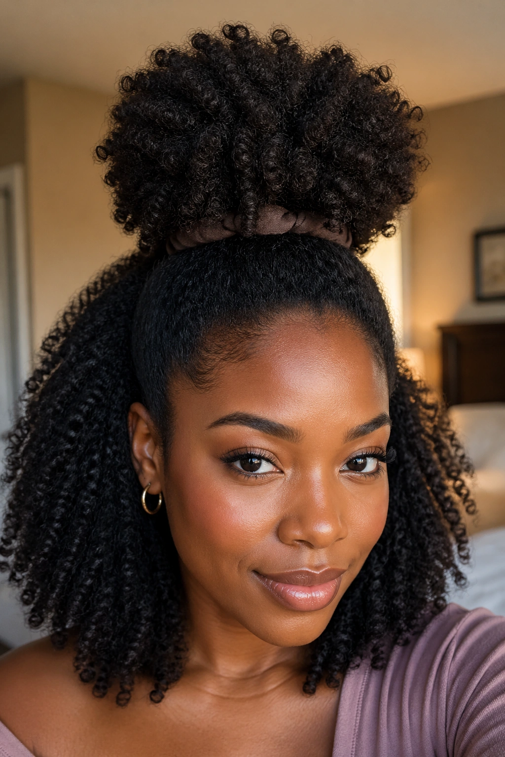 Close-up of a real woman with a dramatic high puff crown on 4c hair, round silhouette