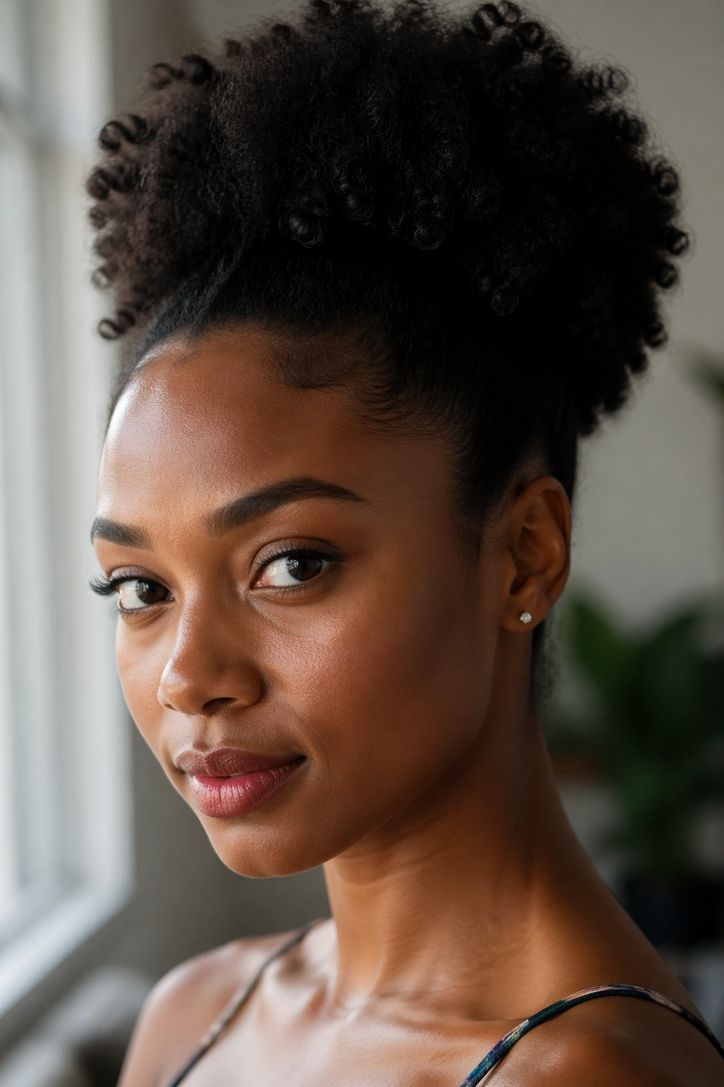 Real woman with a high puff afro in soft window light