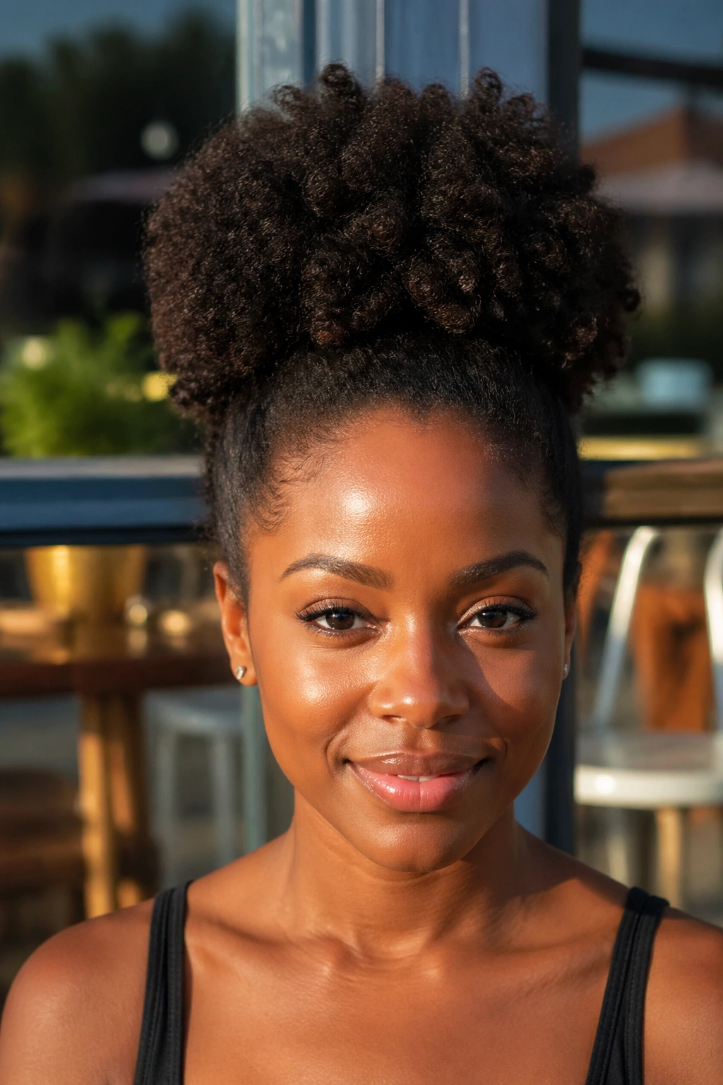 Close-up portrait of a real woman with a high puff hairstyle outdoors in natural light.
