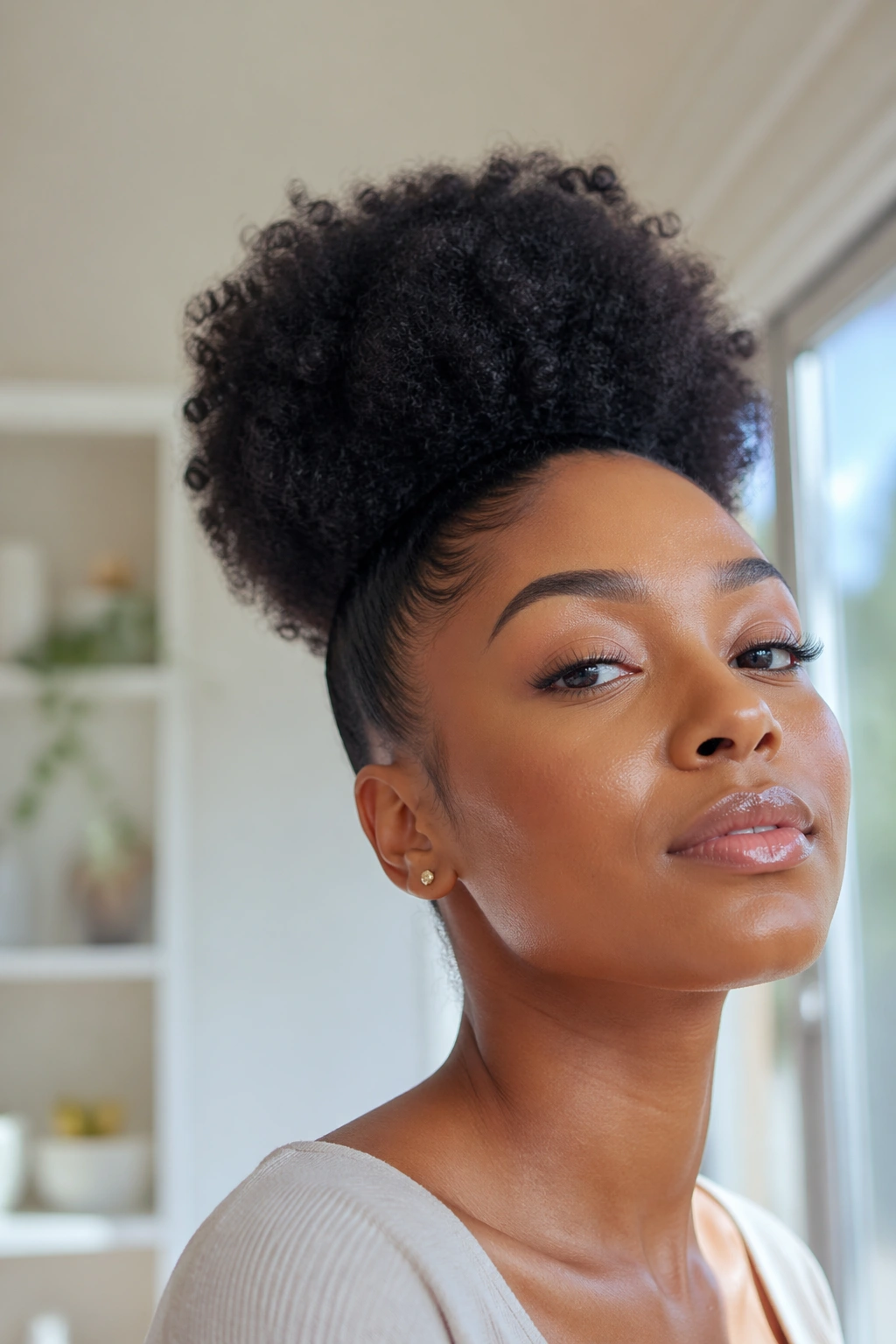 Portrait of a person with a tall high puff hairstyle.