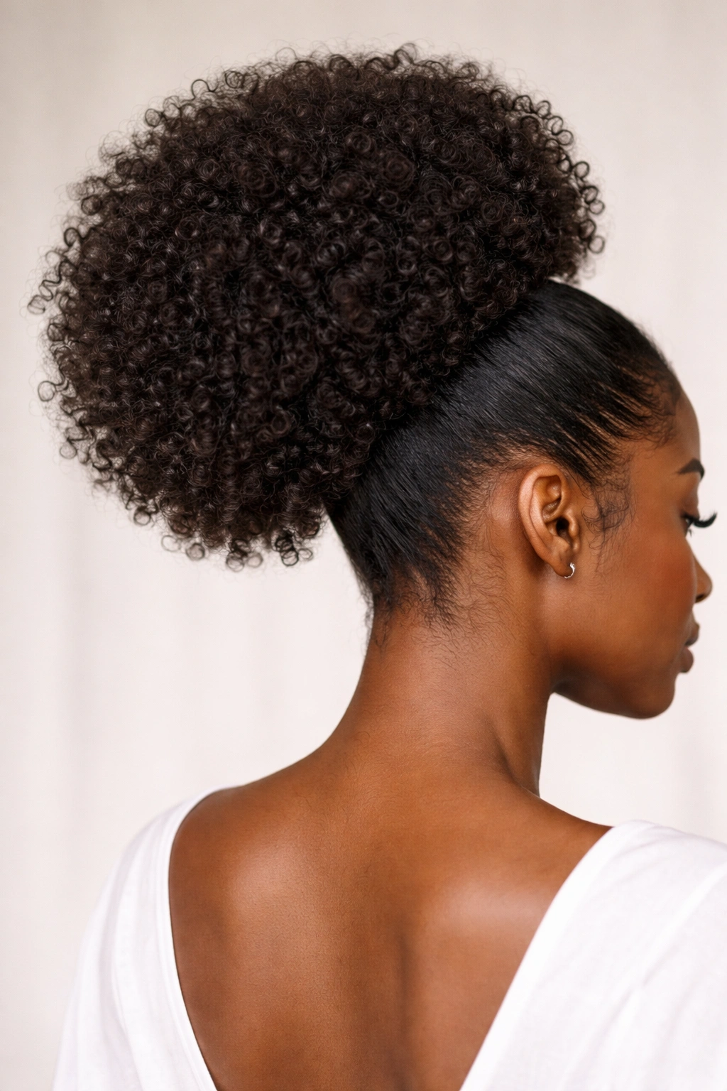 Close up of high puff afro-textured ponytail extension over natural puff