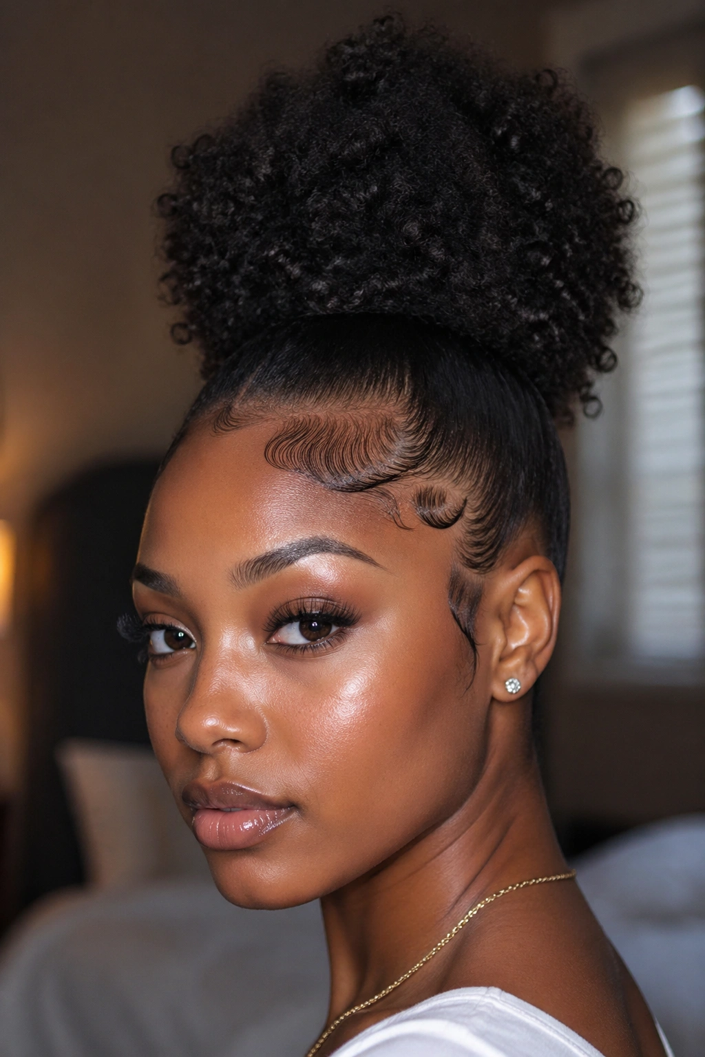 Close-up of a real woman with a high puff and baby hair designs along the hairline