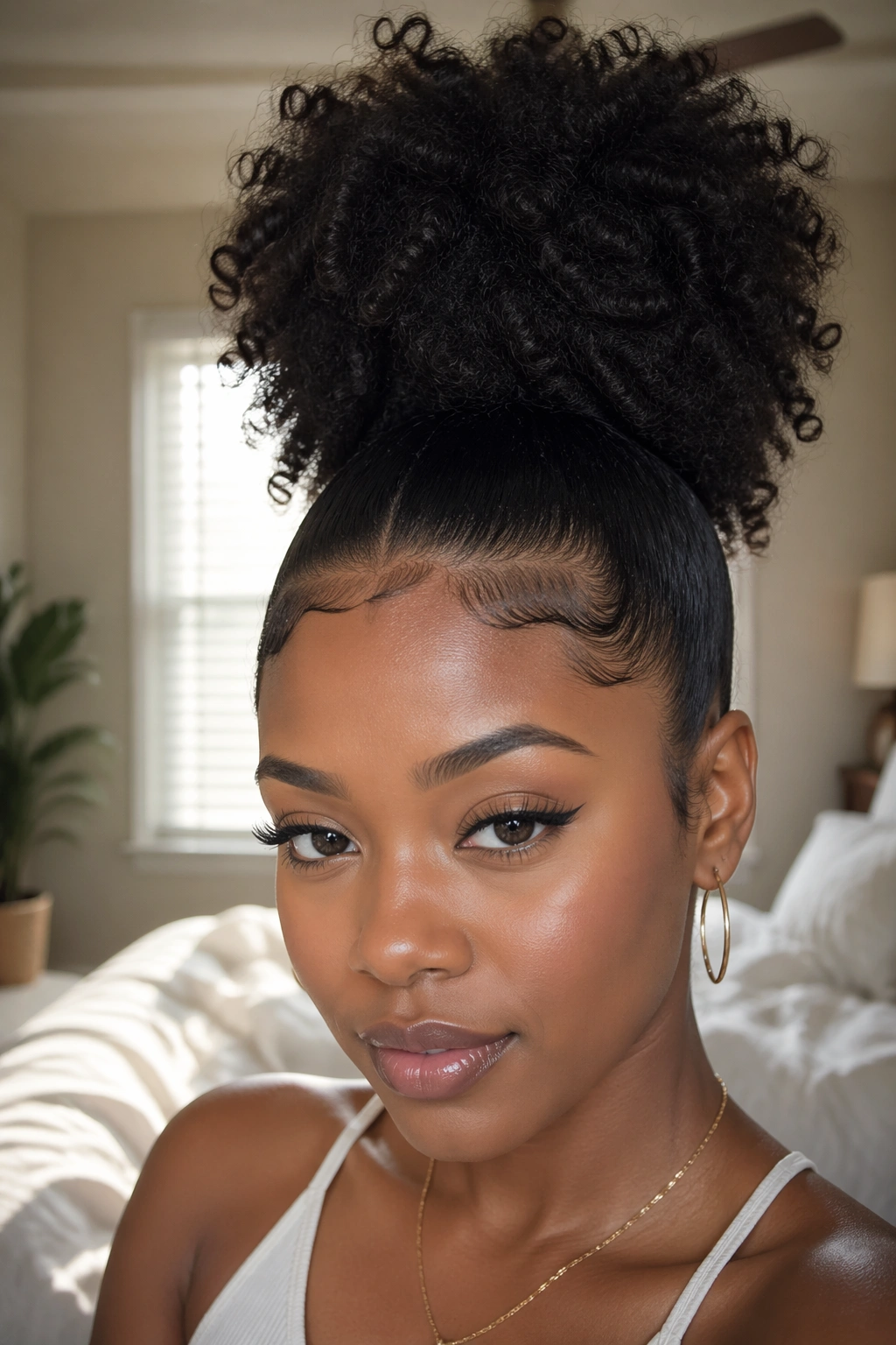 Close-up of a woman with a high crown puff and waves along the hairline.