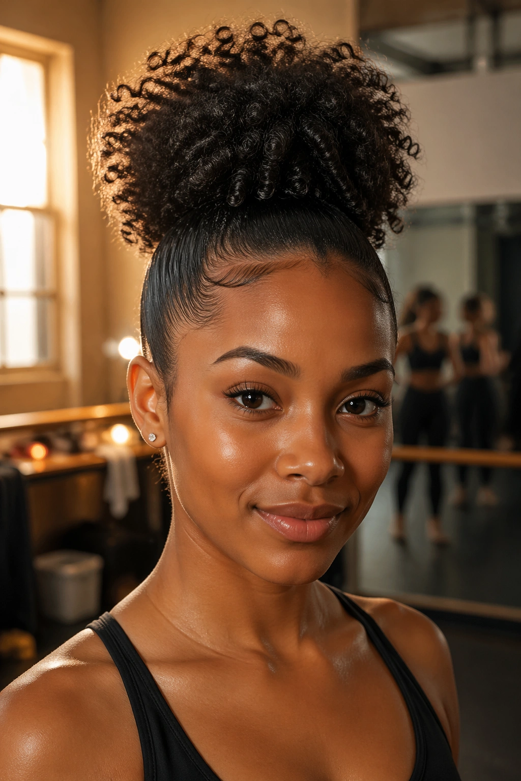 Close-up portrait of a real woman with a high puff hairstyle in a backstage dance studio