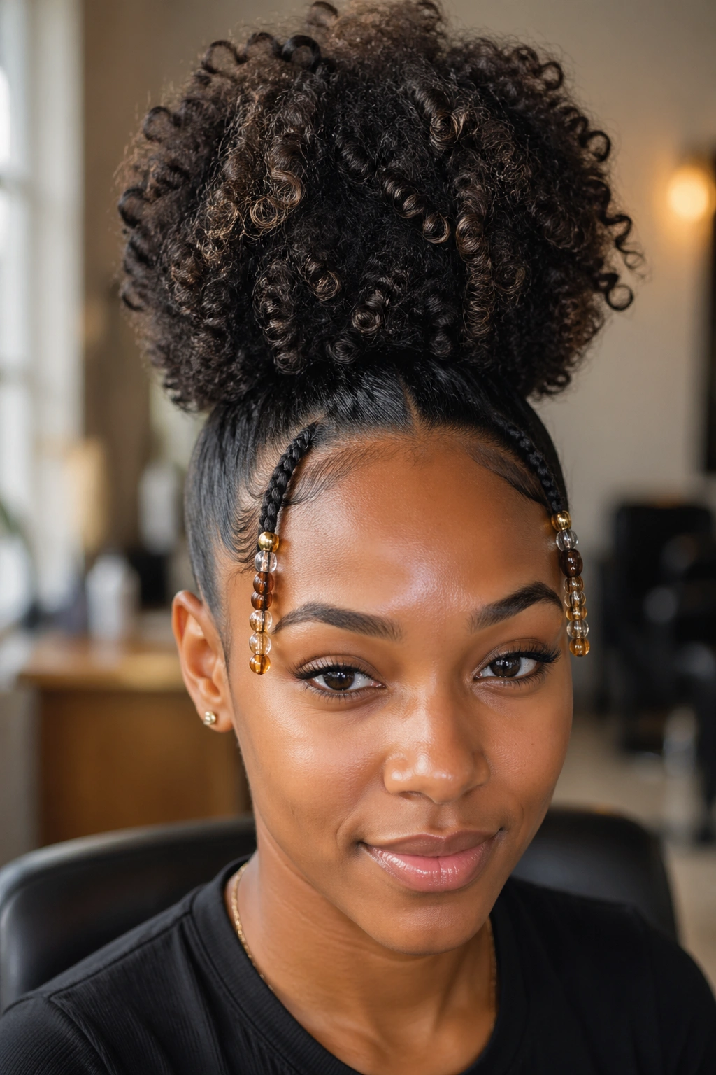 Close-up of a real person with a high puff and beaded front corners