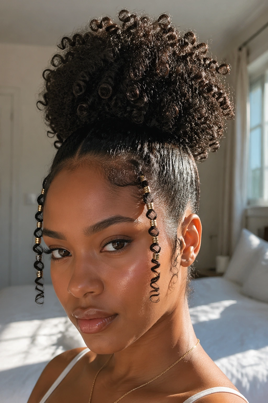 Close-up of a real woman with a high puff and beaded tendrils in a sunlit room