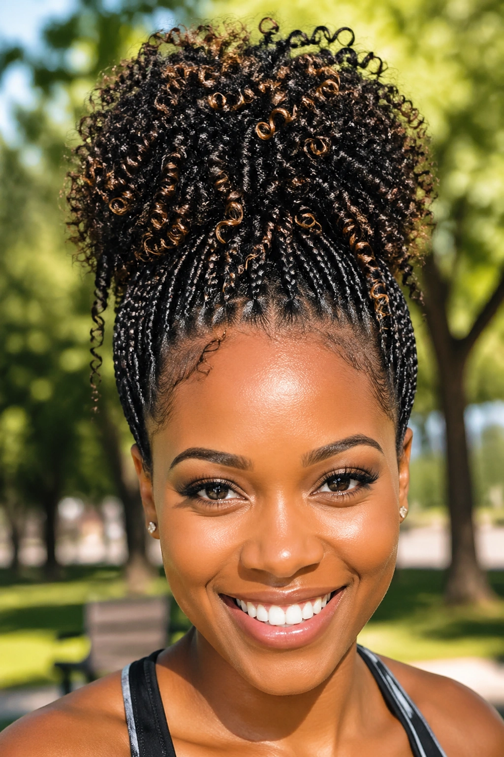 Front portrait of a real woman with mini braids styled into a high puff