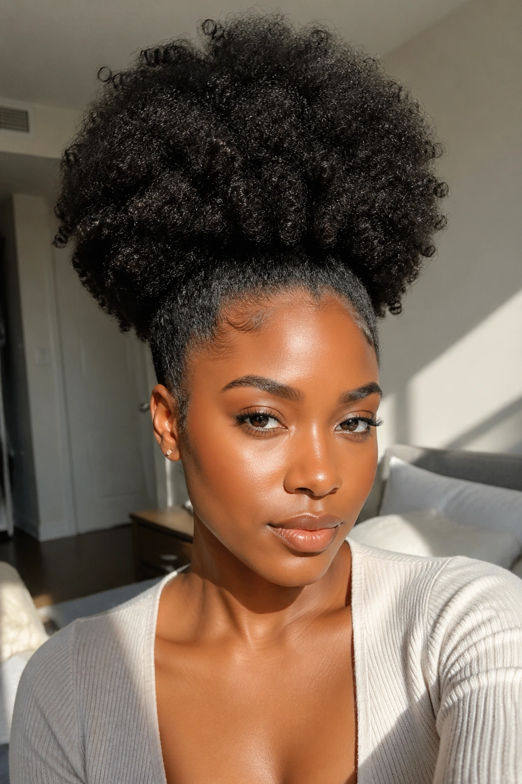 Close-up of real woman with Brushed-Out High Puff hairstyle