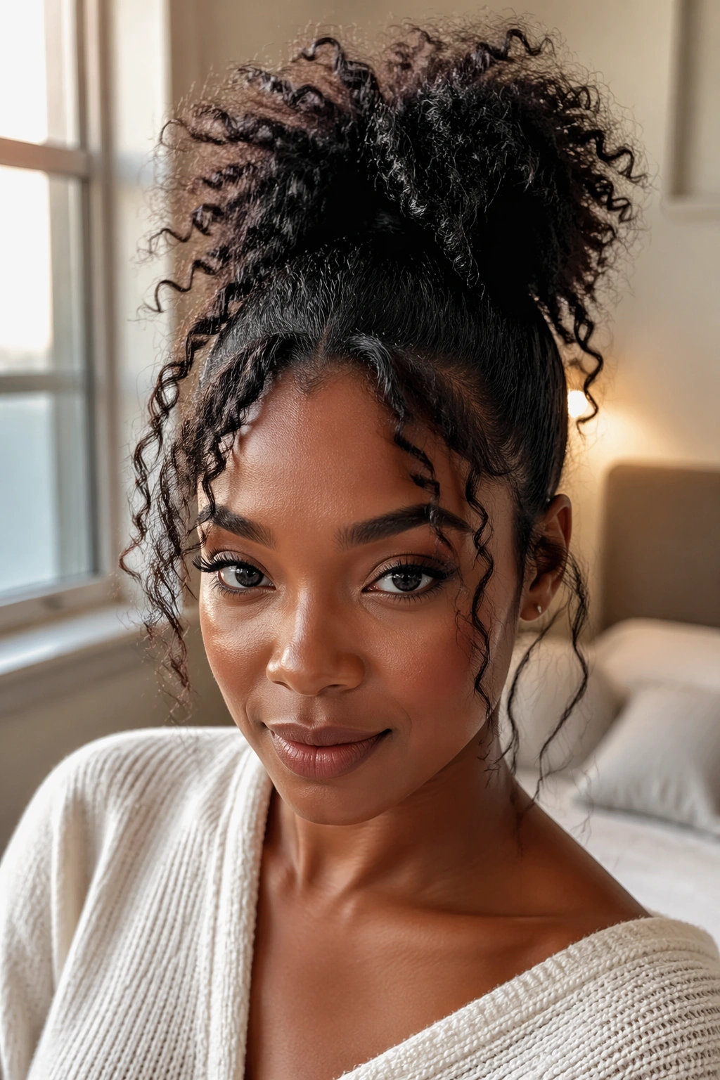 Close-up portrait of a real Black woman with a high puff ponytail bun and soft free ends, warm window light.