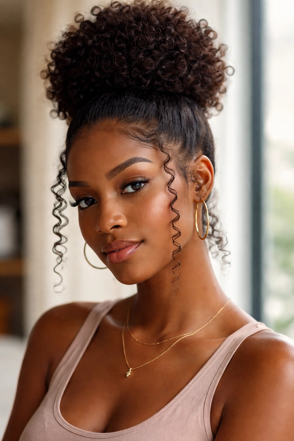 Close-up profile of a woman with a high puff bun and temple curls framing the face