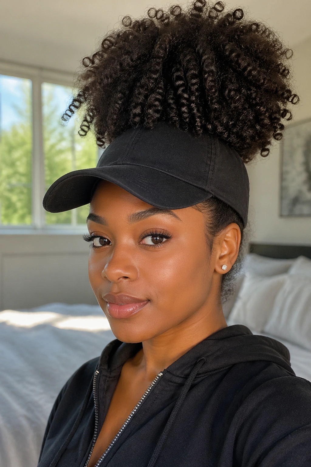 Close-up of real woman with high curly puff under baseball cap, puff clear of brim