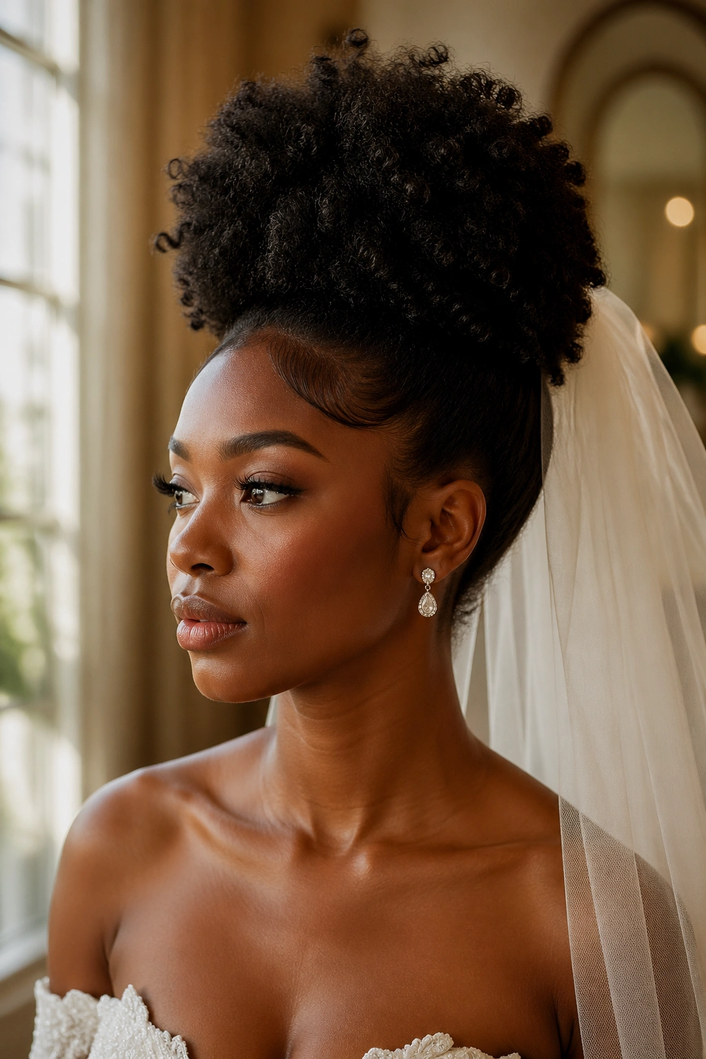 Bride with dramatic high puff and cathedral veil