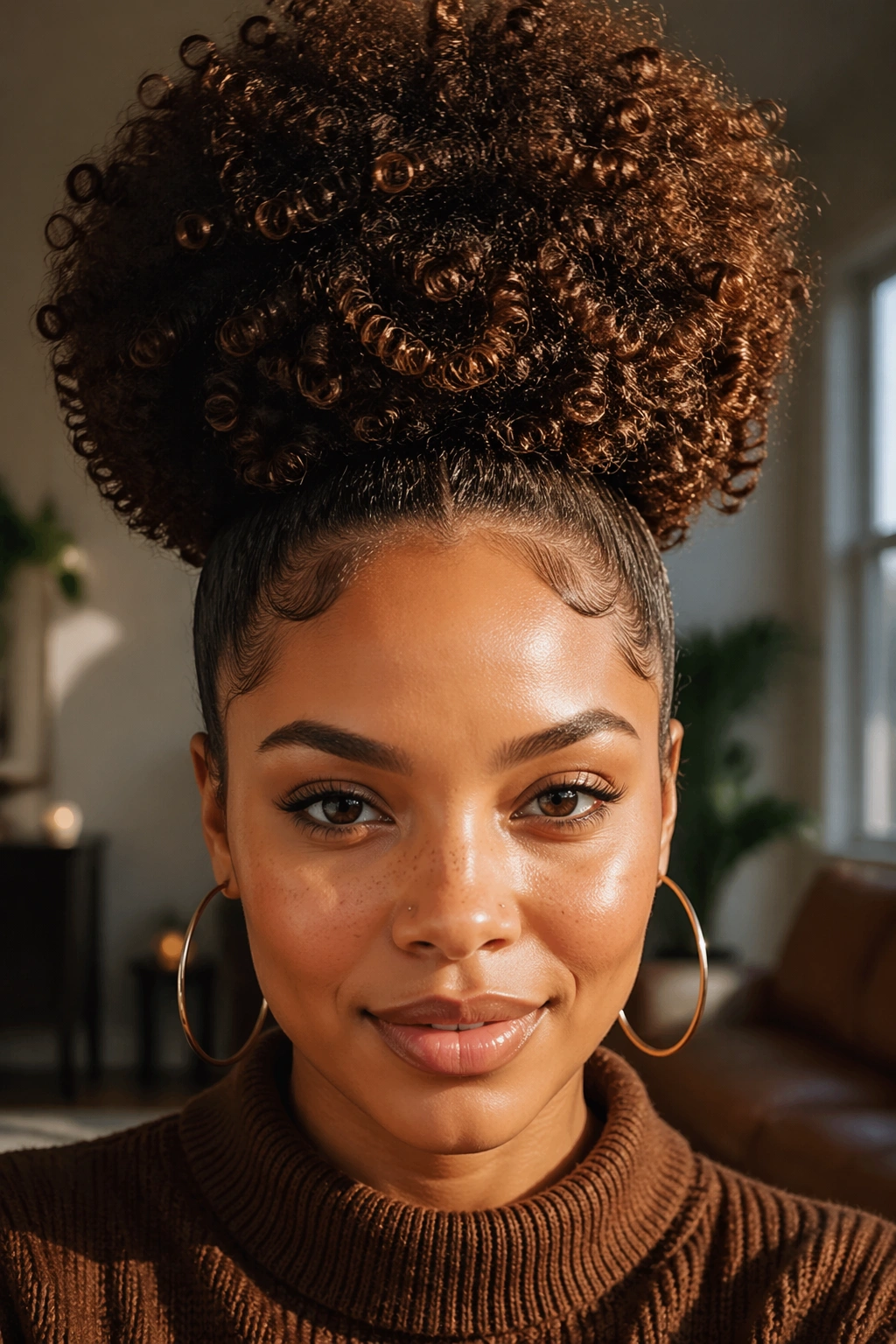 Close-up of a real woman with a chocolate brown high puff filling the frame