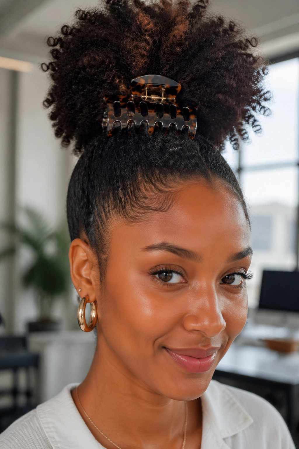High crown puff secured with a large claw clip on a real person