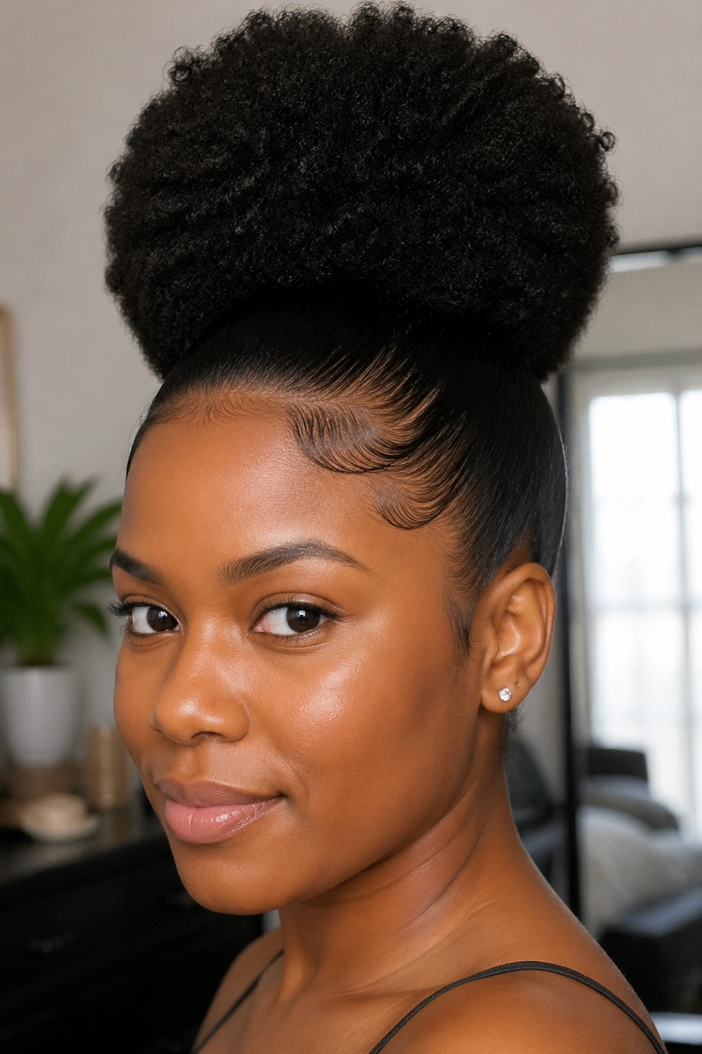 Real person with a comb-defined high puff hairstyle