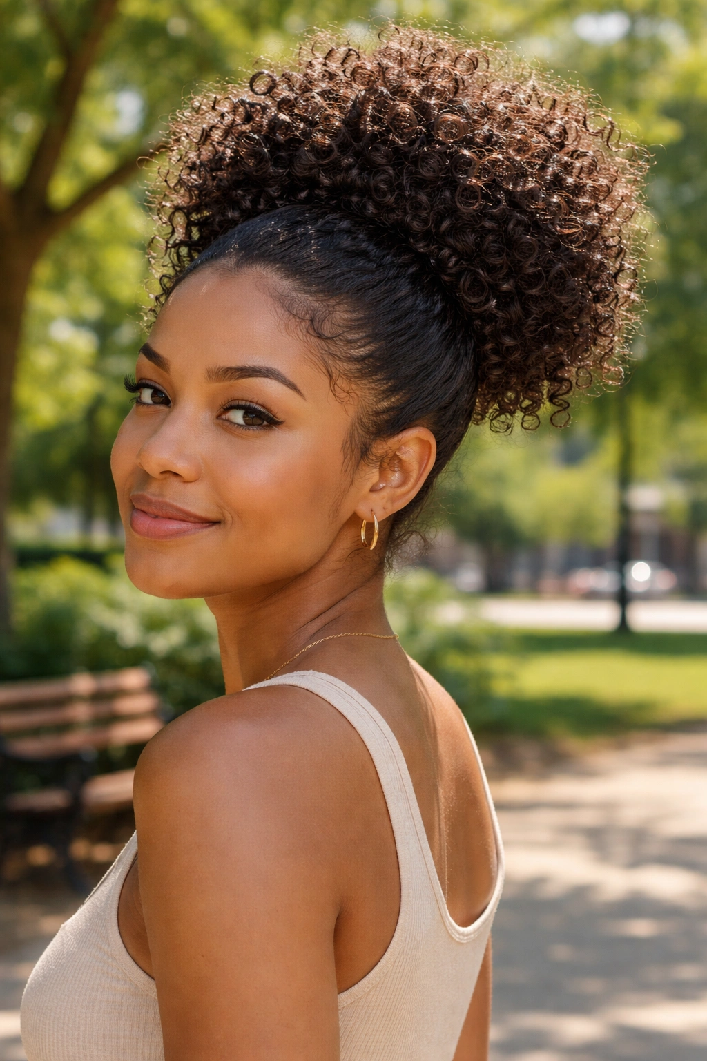Close-up of a real woman with a high puff hairstyle showing Type 3 curls
