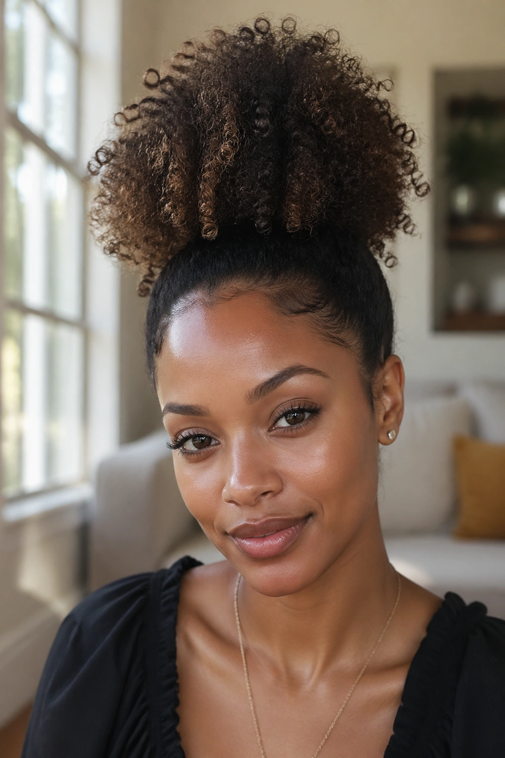 Close-up of a real woman with a high puff hairstyle