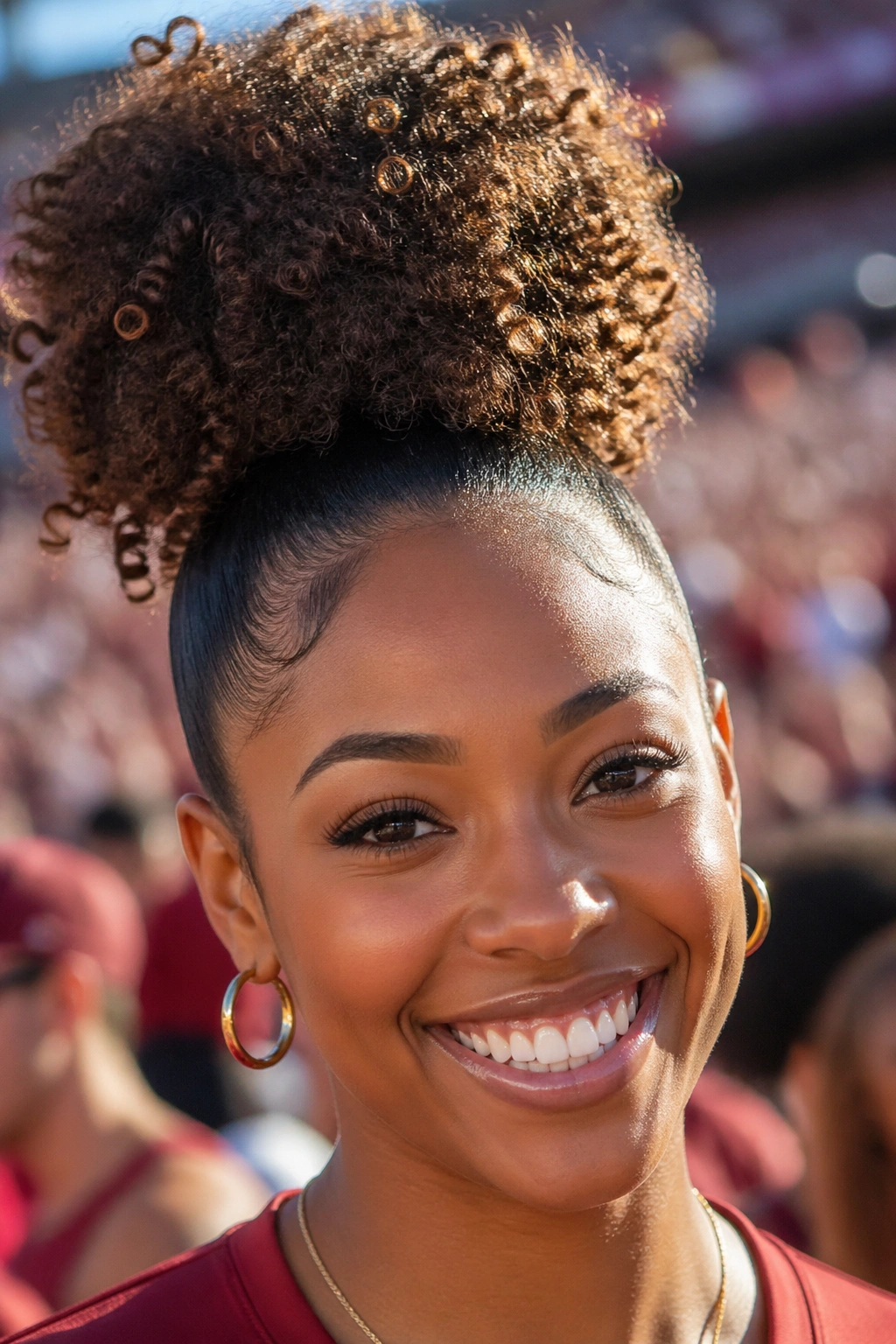 Close-up of a real person with a high puff and clean hairline at a game-day venue
