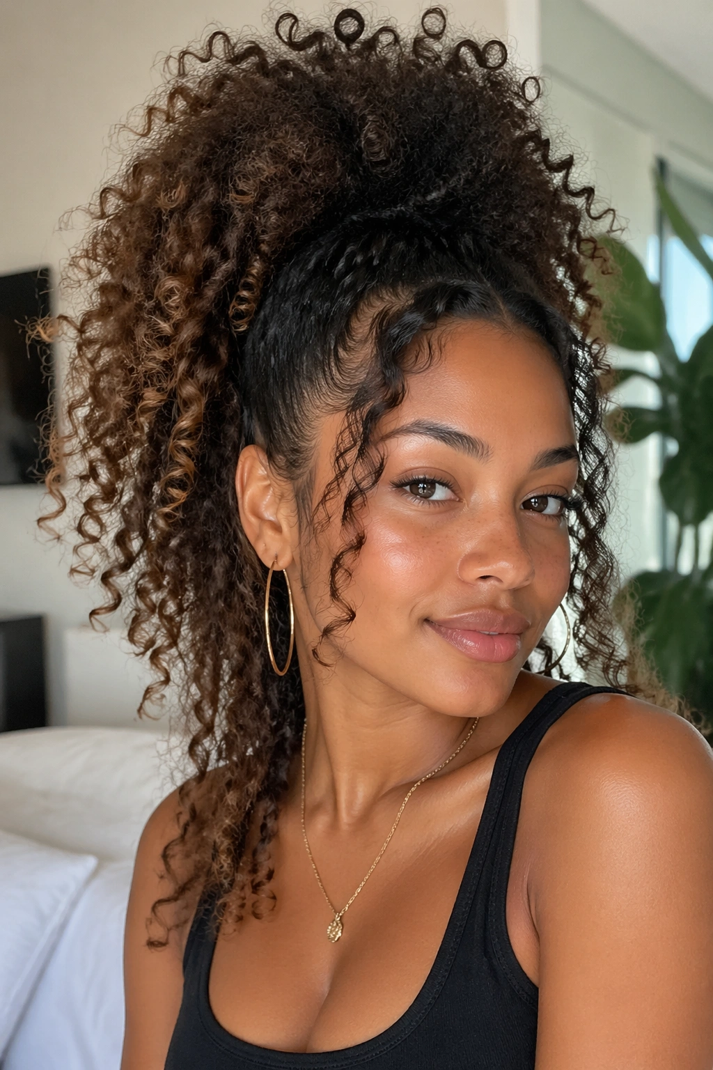 Close-up portrait of a real woman with a high puff ponytail and long layered curls.