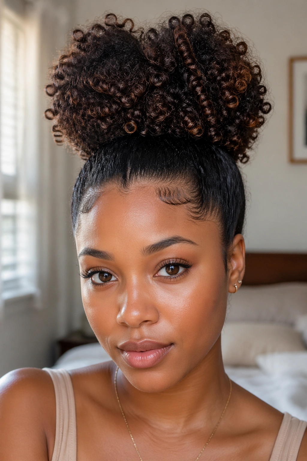 Close-up of a real woman with a high puff hairstyle in a softly lit bedroom.