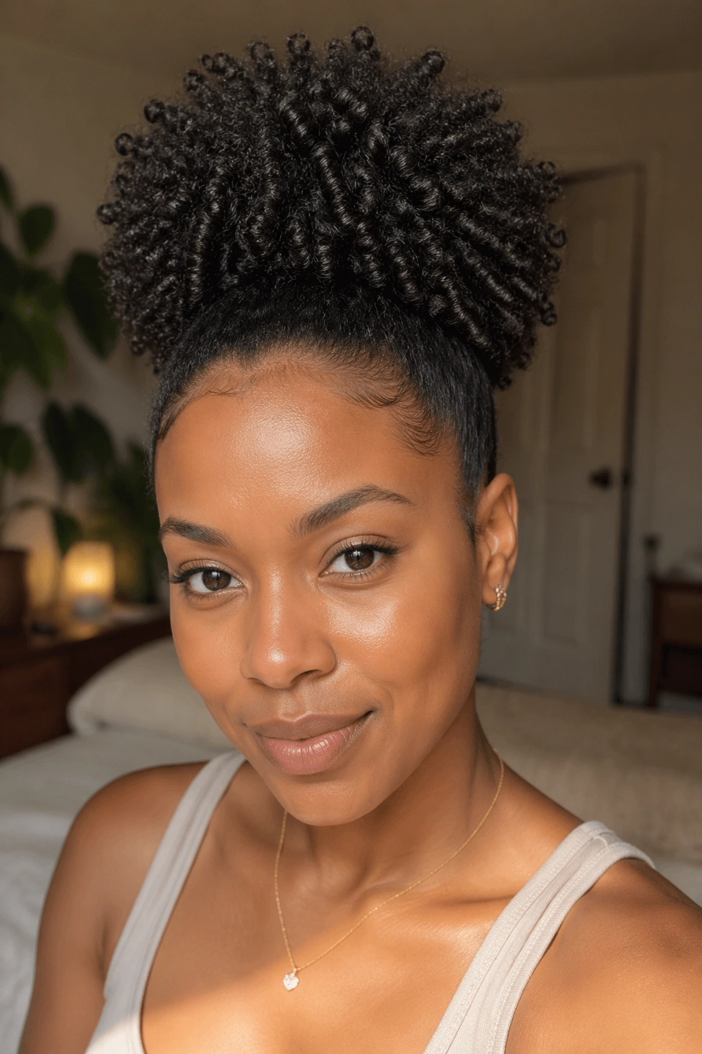 Close-up of woman with high puff hairstyle and crown lift