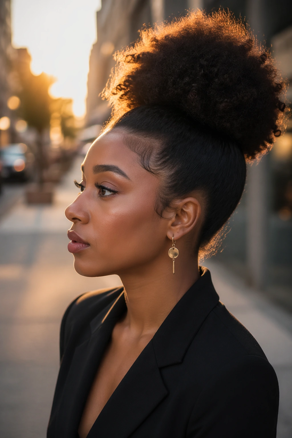 Profile view of high puff with sleek edges on a city sidewalk.