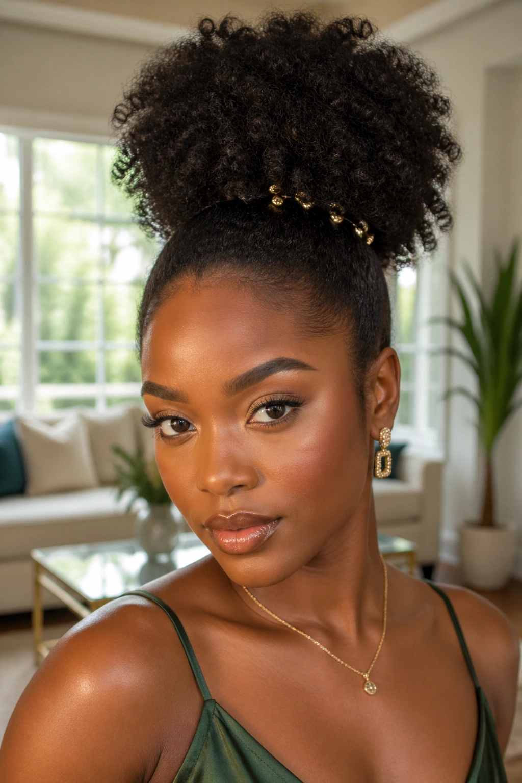 Close-up of a real woman with a high curly puff and gold pins at the base.