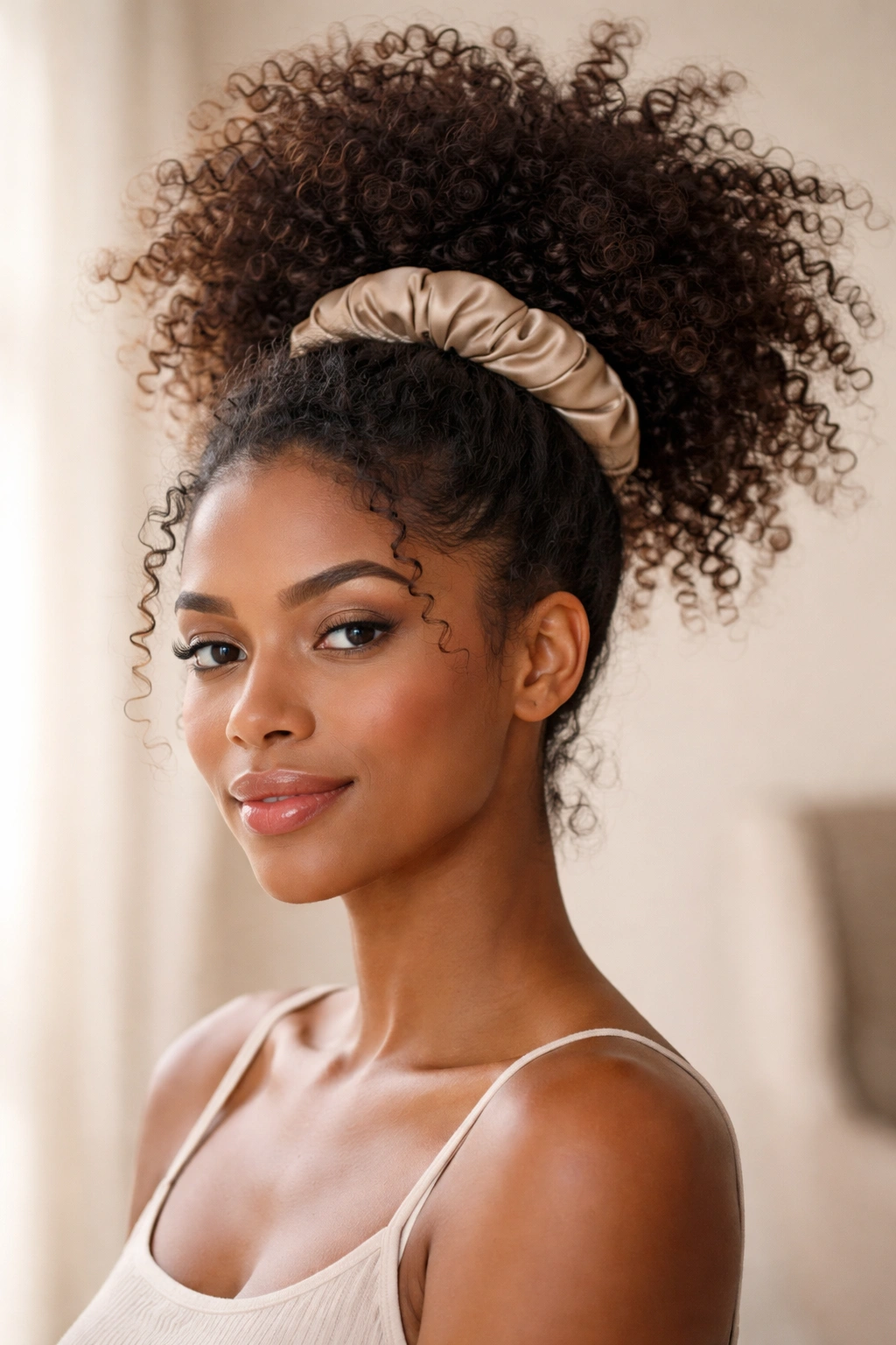 Close-up of a dense, voluminous high puff secured with a satin scrunchie