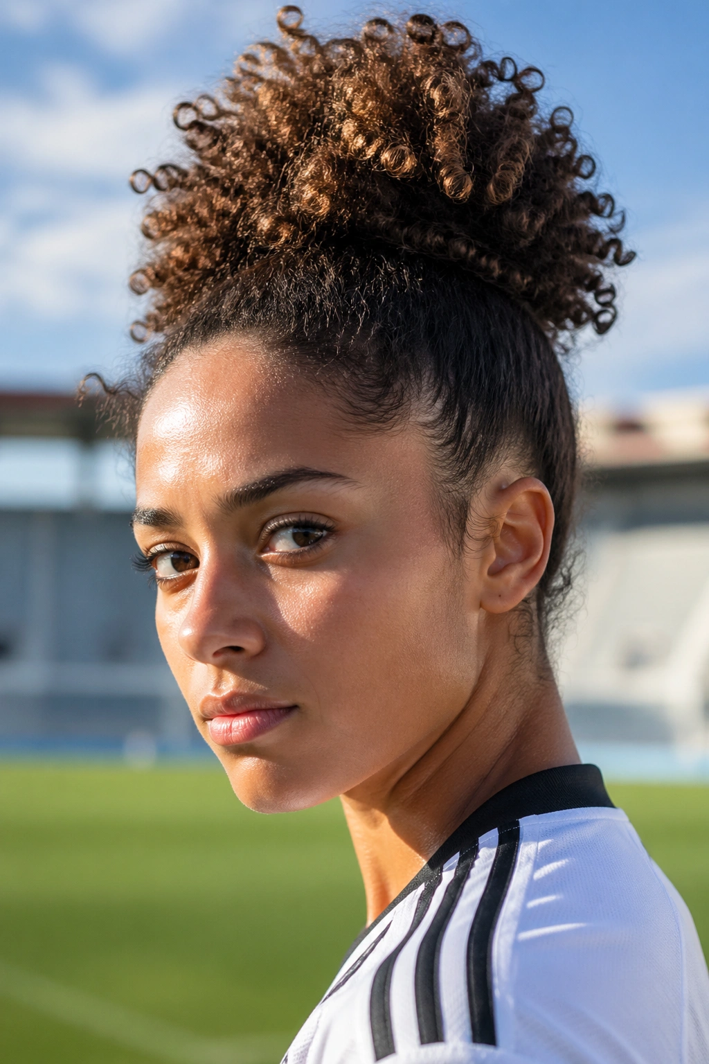 Close-up of a real female soccer player with a high puff ponytail on a sunlit field