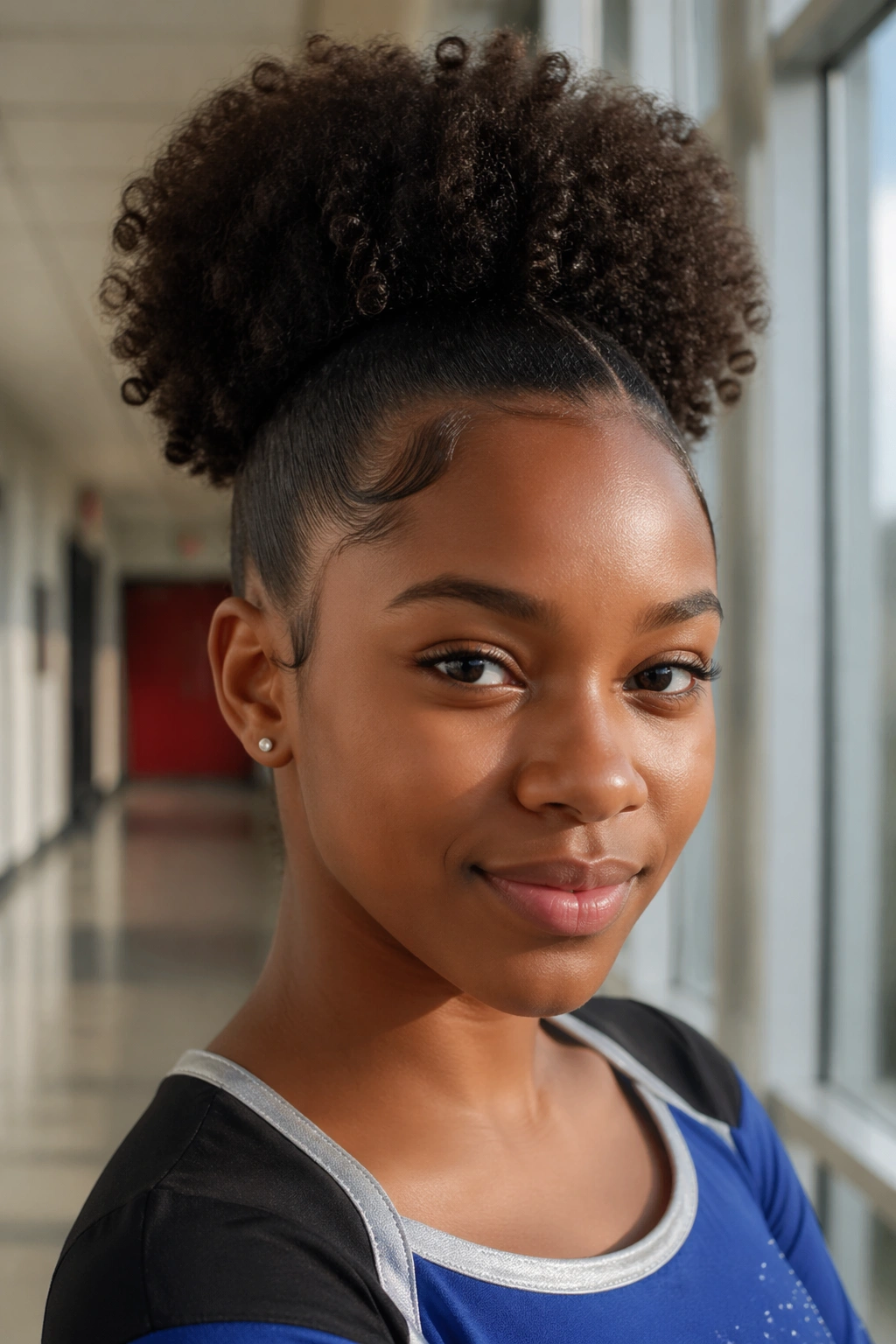 Close-up of a cheerleader with a high puff and sleek front hairstyle in a gym setting