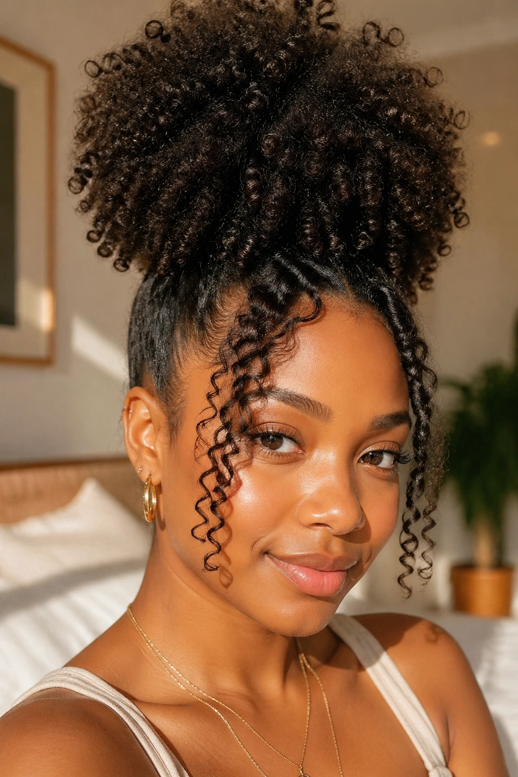 Close-up of a real woman with a high puff and curling tendrils around face
