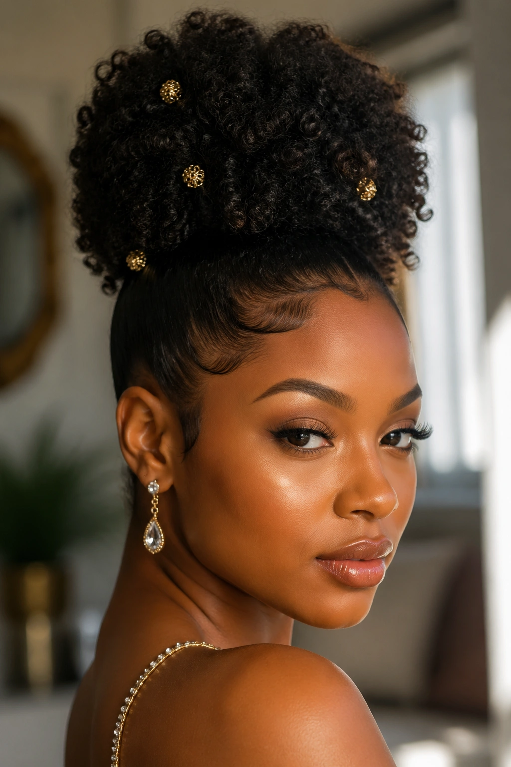 Close-up of high puff hairstyle with decorative pins on a real woman's head