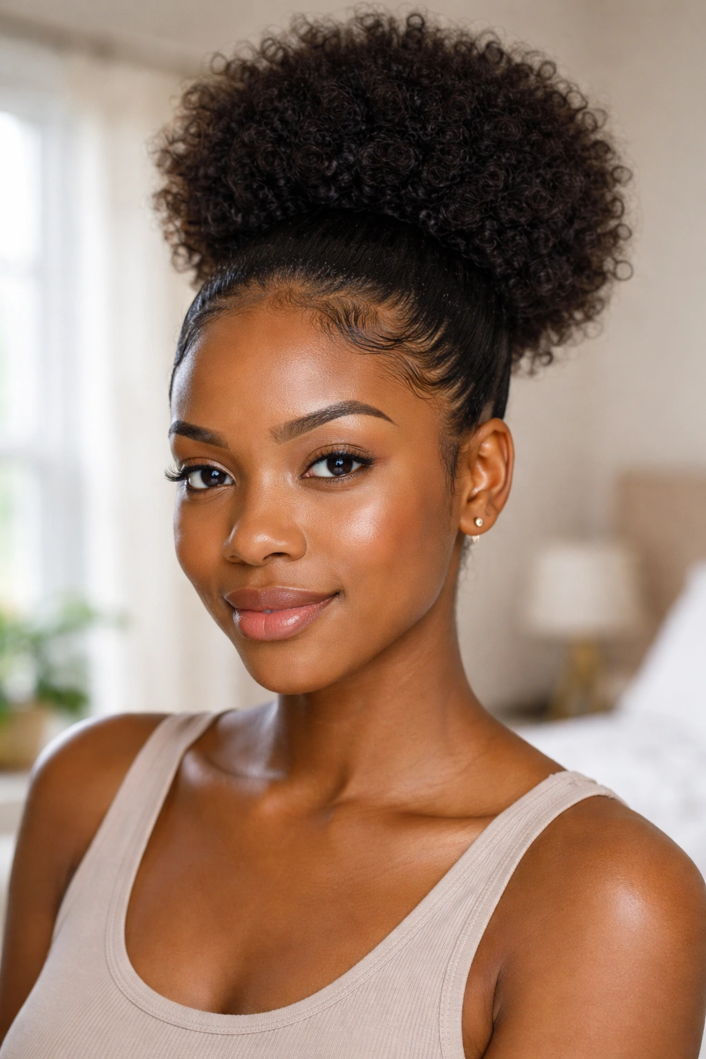 Real woman with high puff and gelled edges in natural light.