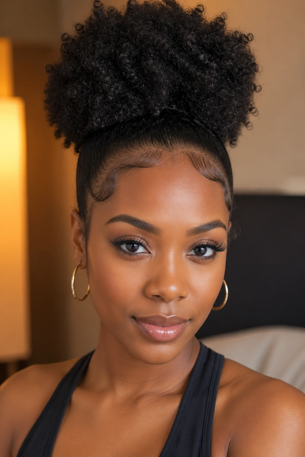 Real woman with high puff and edges laid, front portrait