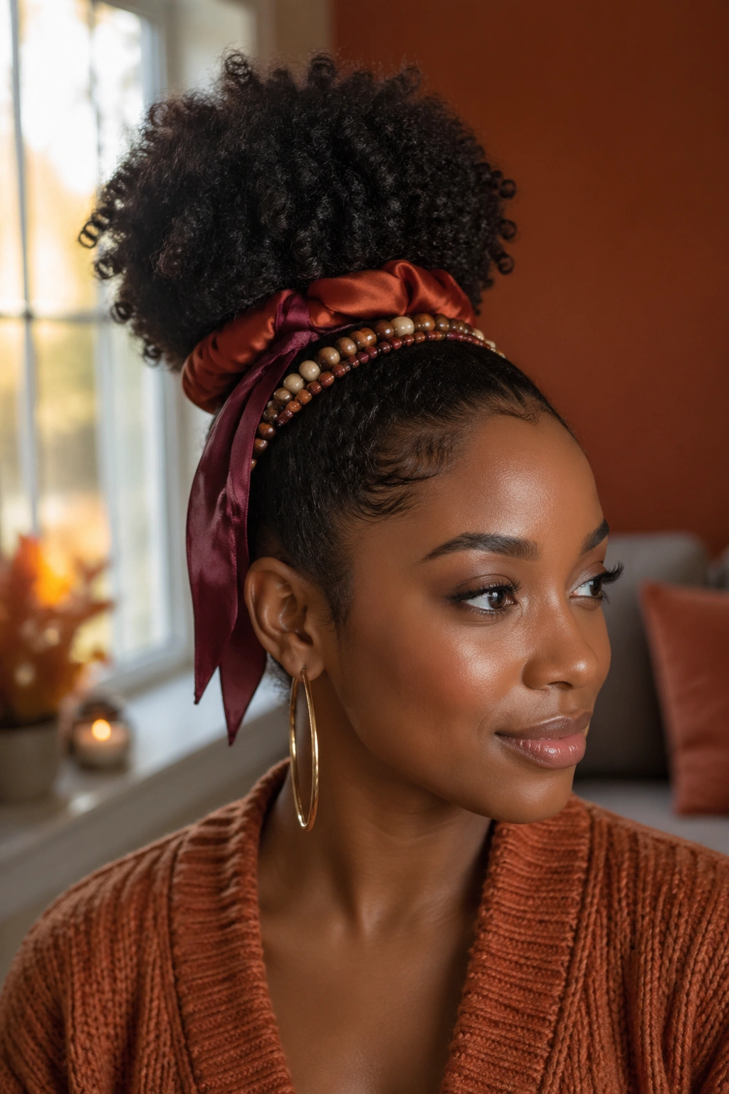 Close-up of a woman with a high puff and fall accessories in warm window light