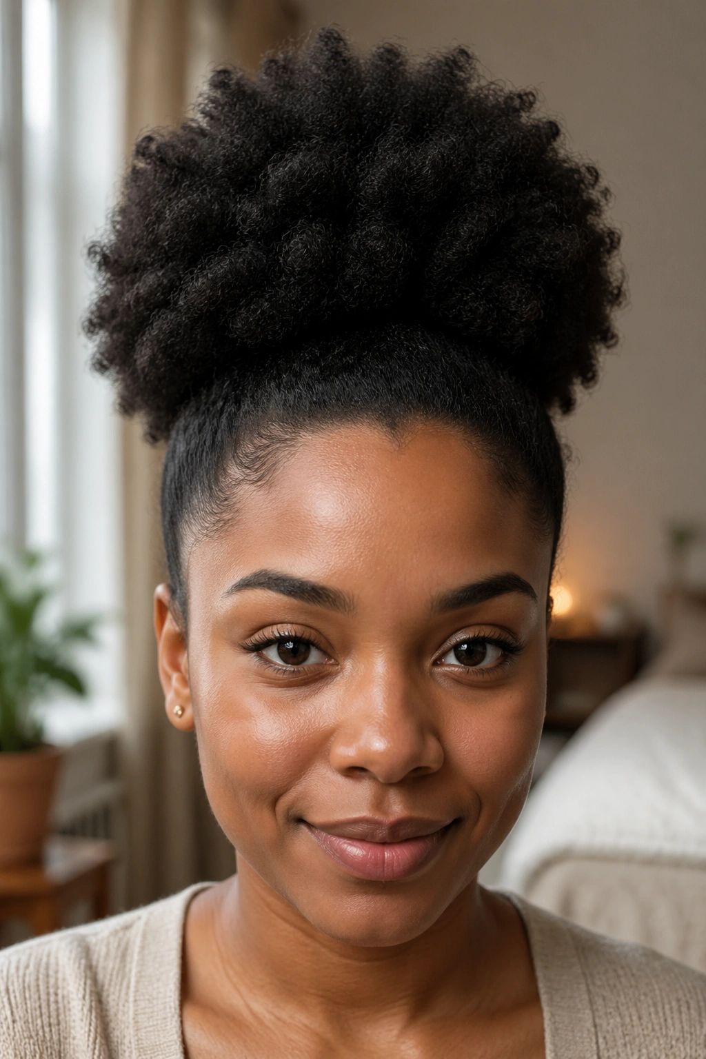 Close-up of a real person with a high puff hairstyle