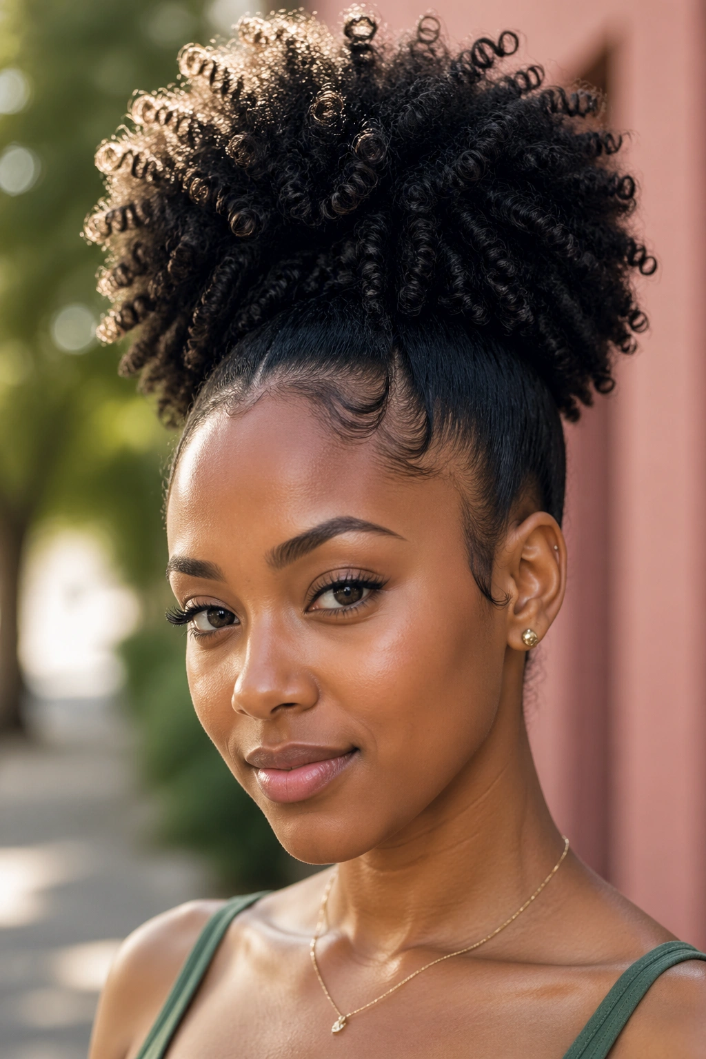 Real person with coil curl high puff and defined edges.