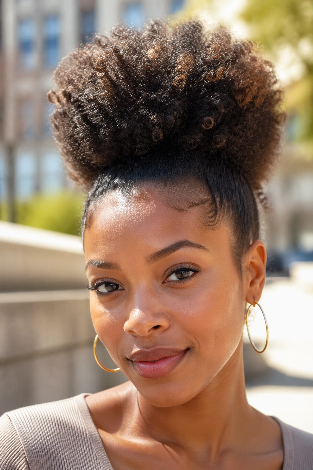 Close-up portrait of a real woman with a high puff hairstyle