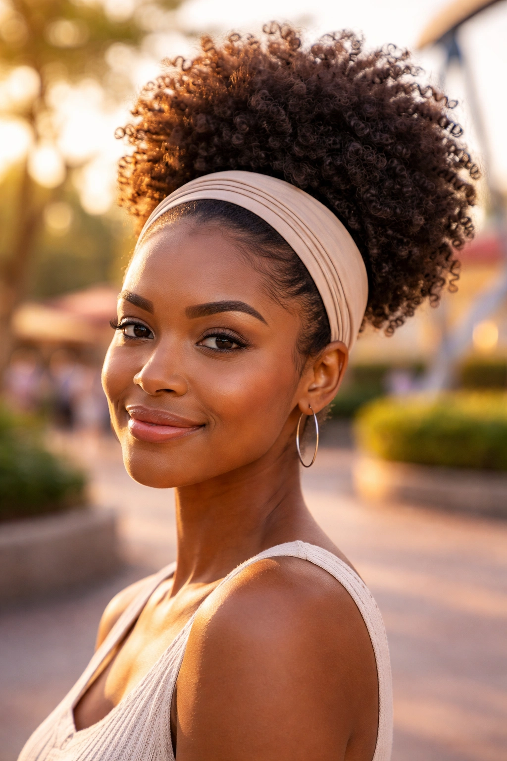 Close-up of a real person with a high puff and soft headband outdoors.
