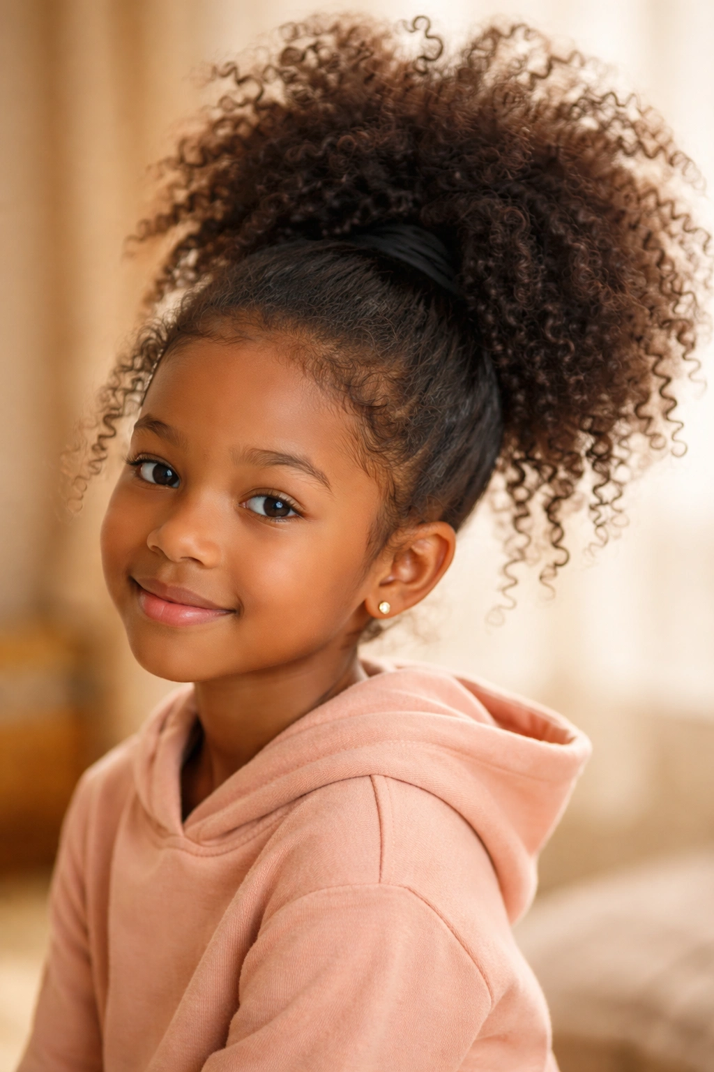 Close-up of a messy high puff ponytail with kinky-curly weave