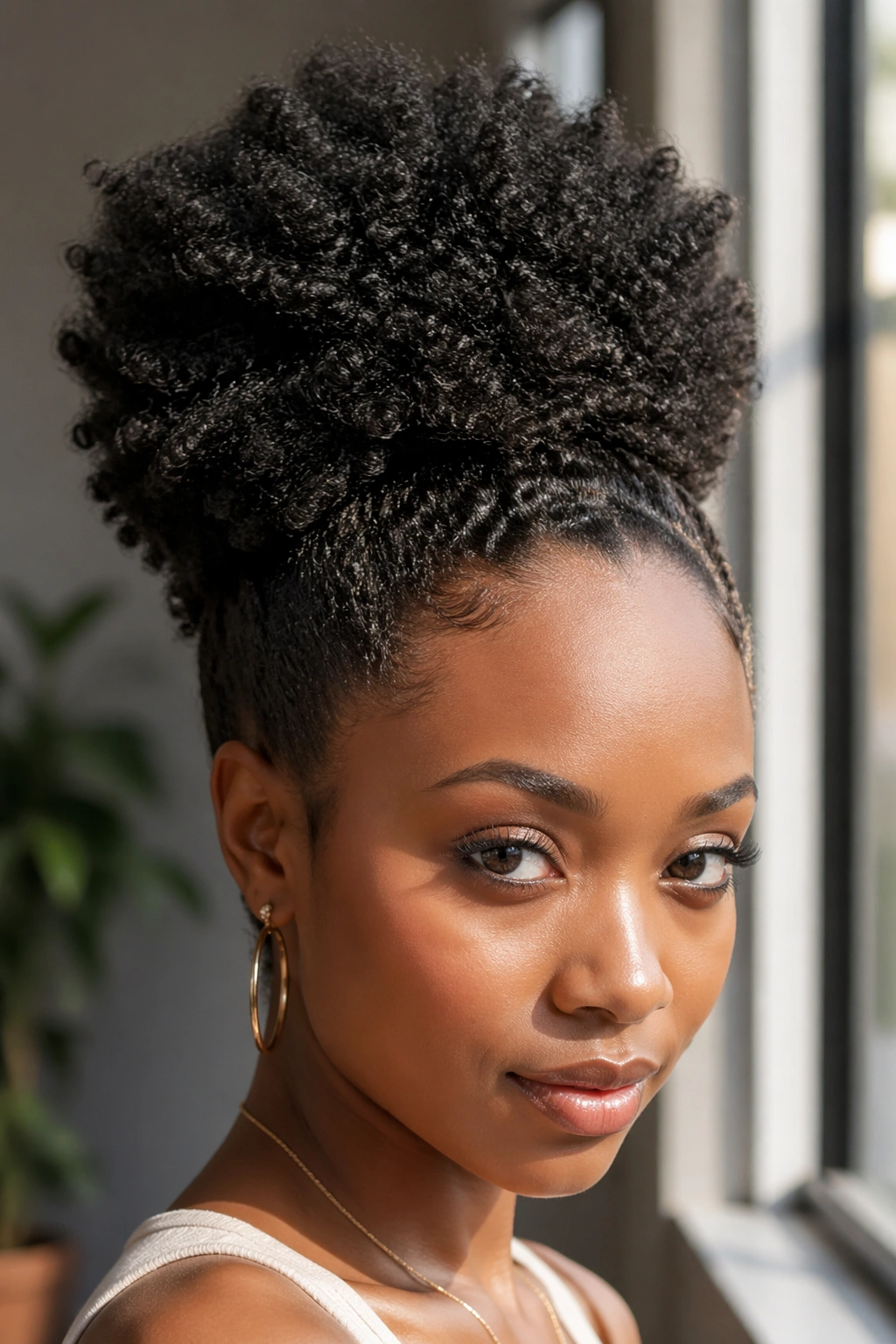 Close-up portrait of a woman with a high puff at the crown, showcasing kinky coil texture