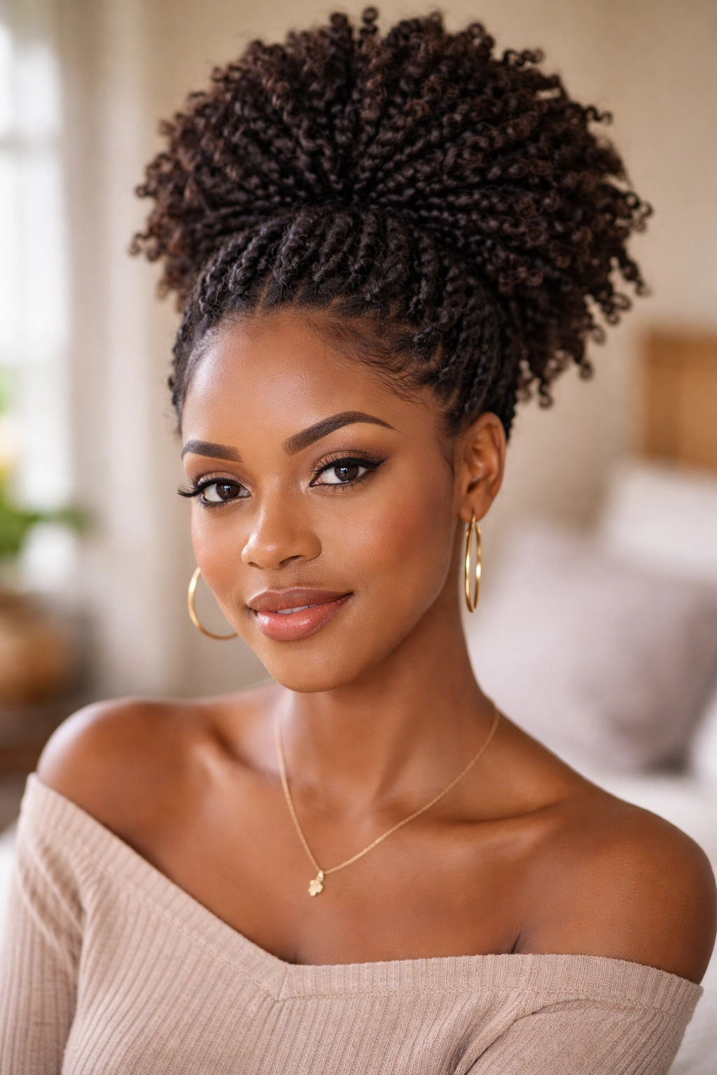 Close-up portrait of a real woman with a high puff of kinky twists at the crown