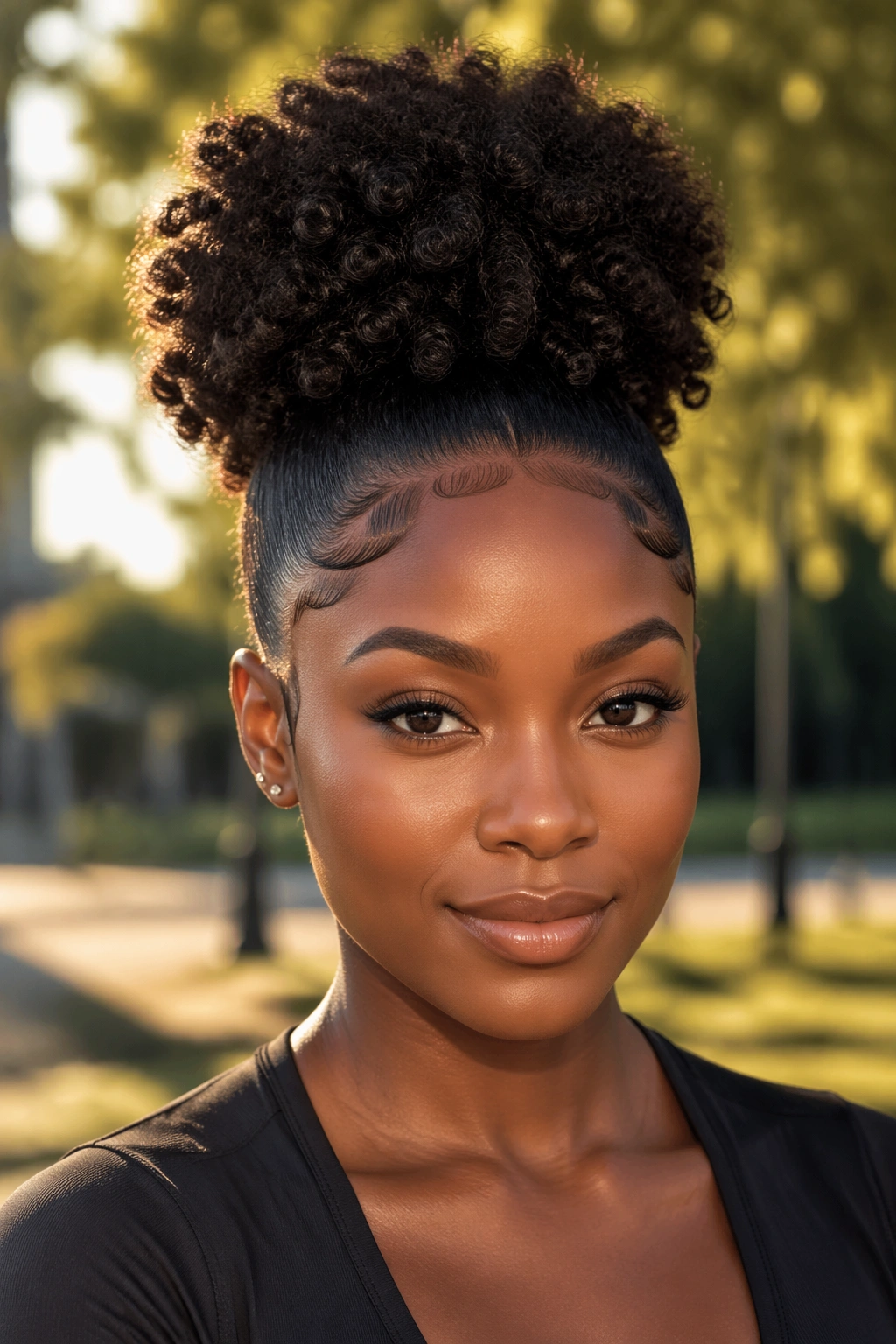 Close-up of a Black woman with a high puff and laid edges in natural park light