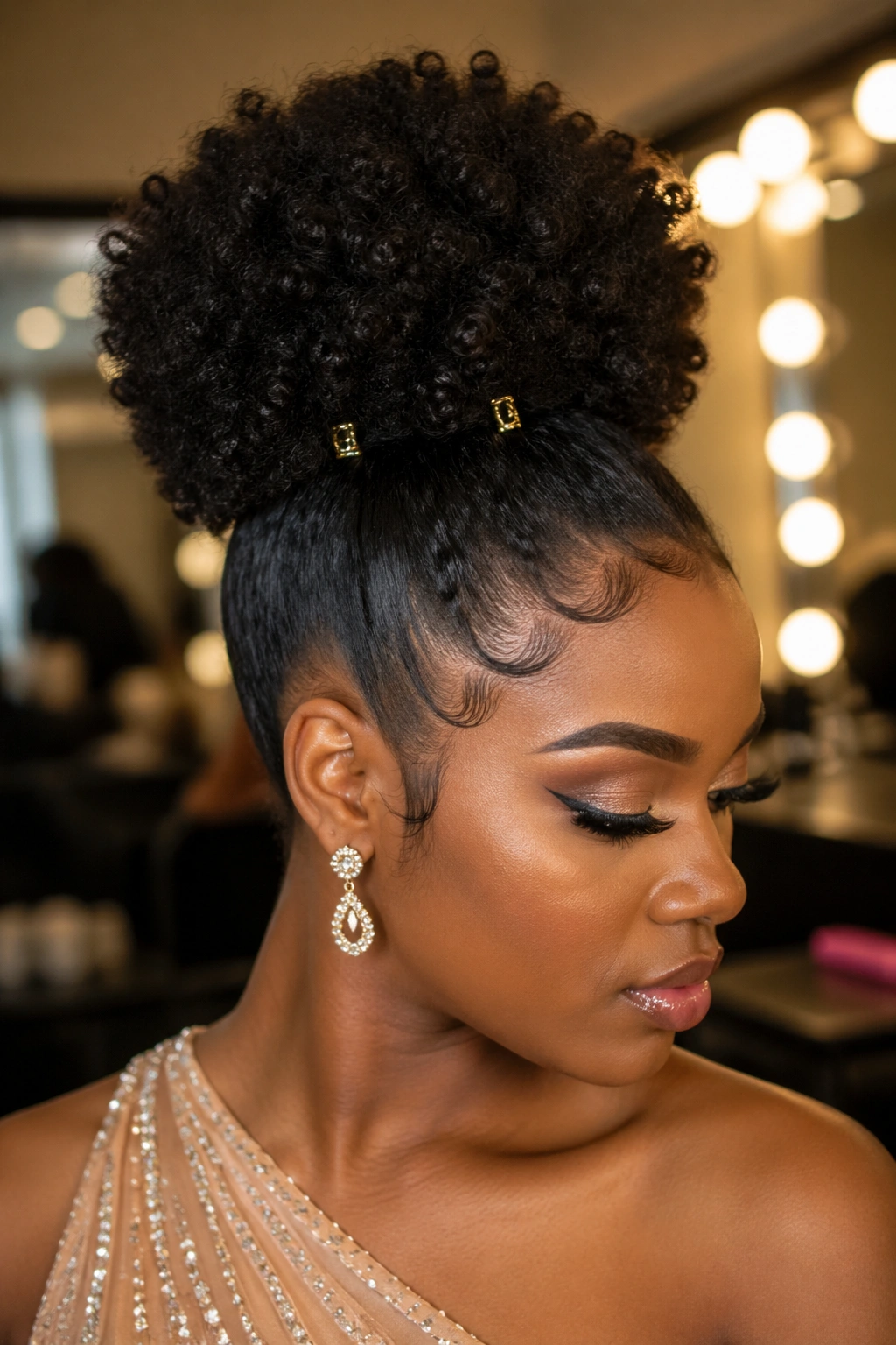 Portrait of a person with a high puff and laid edges.