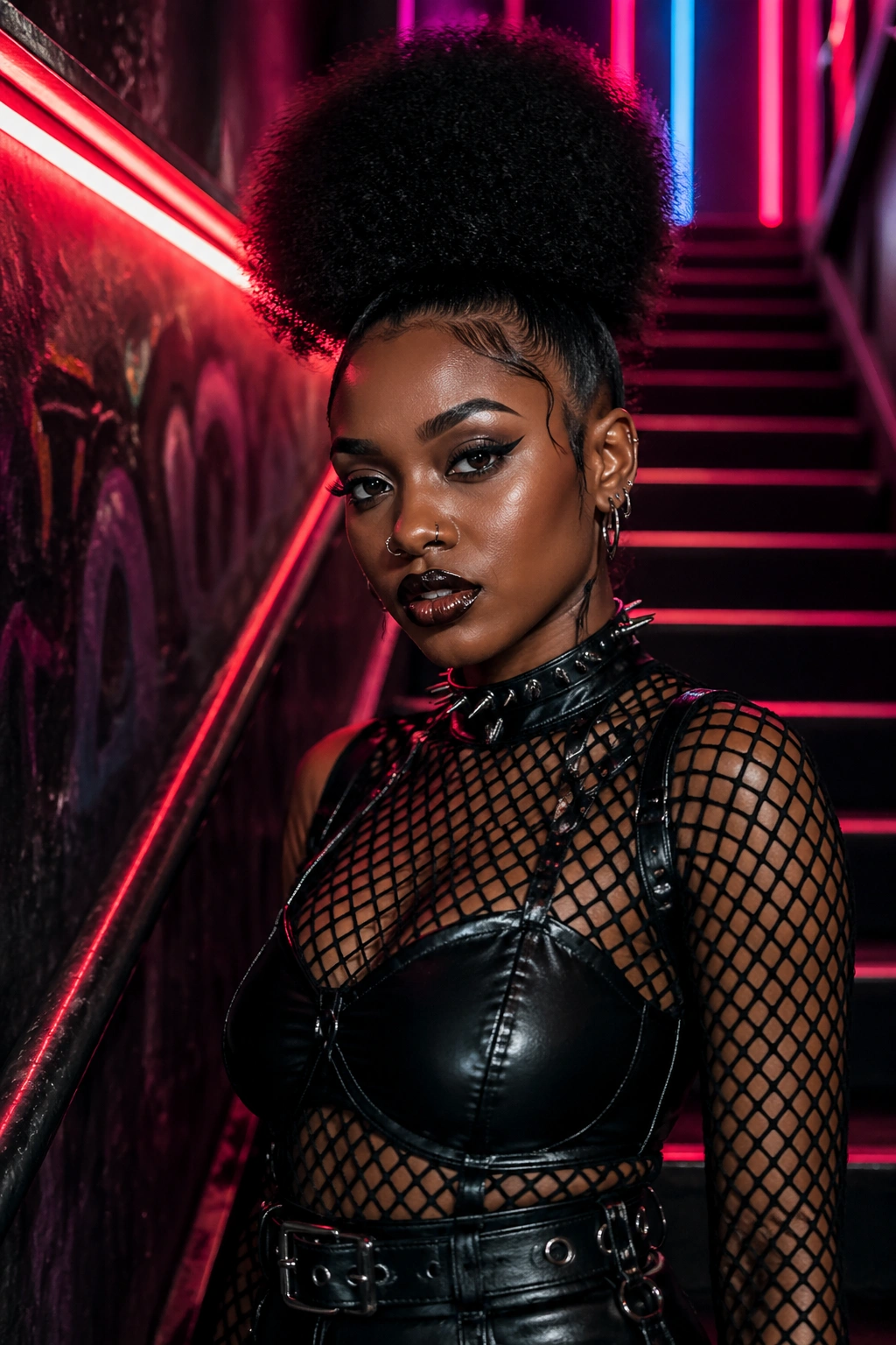 Close-up of a high crown puff with leather and fishnet look