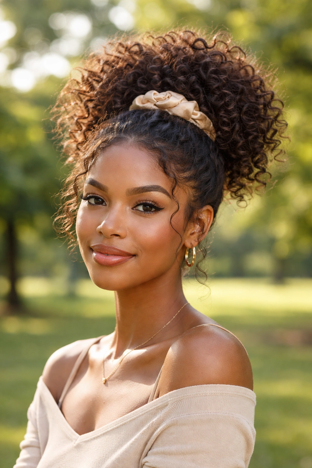 Real person with high puff hairstyle in sunny outdoor setting